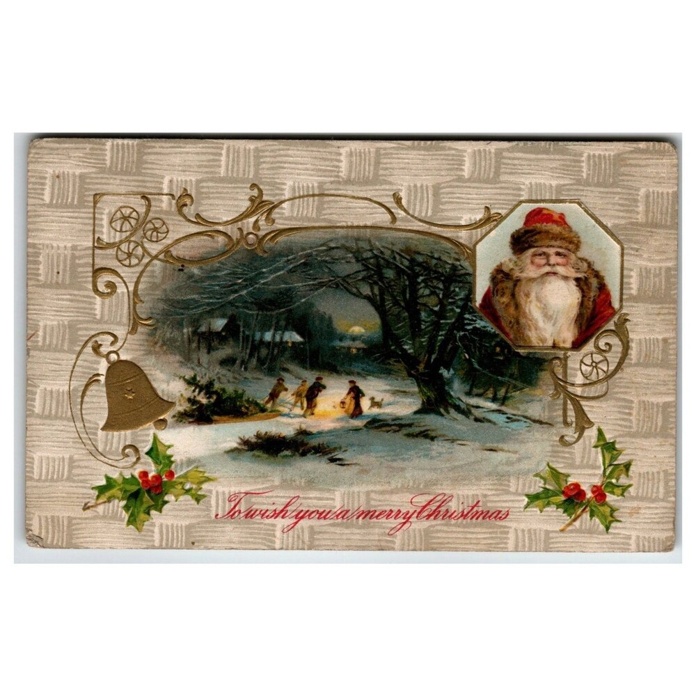 1912 Embossed Christmas Postcard Santa Claus Snowy Scene Printed Germany